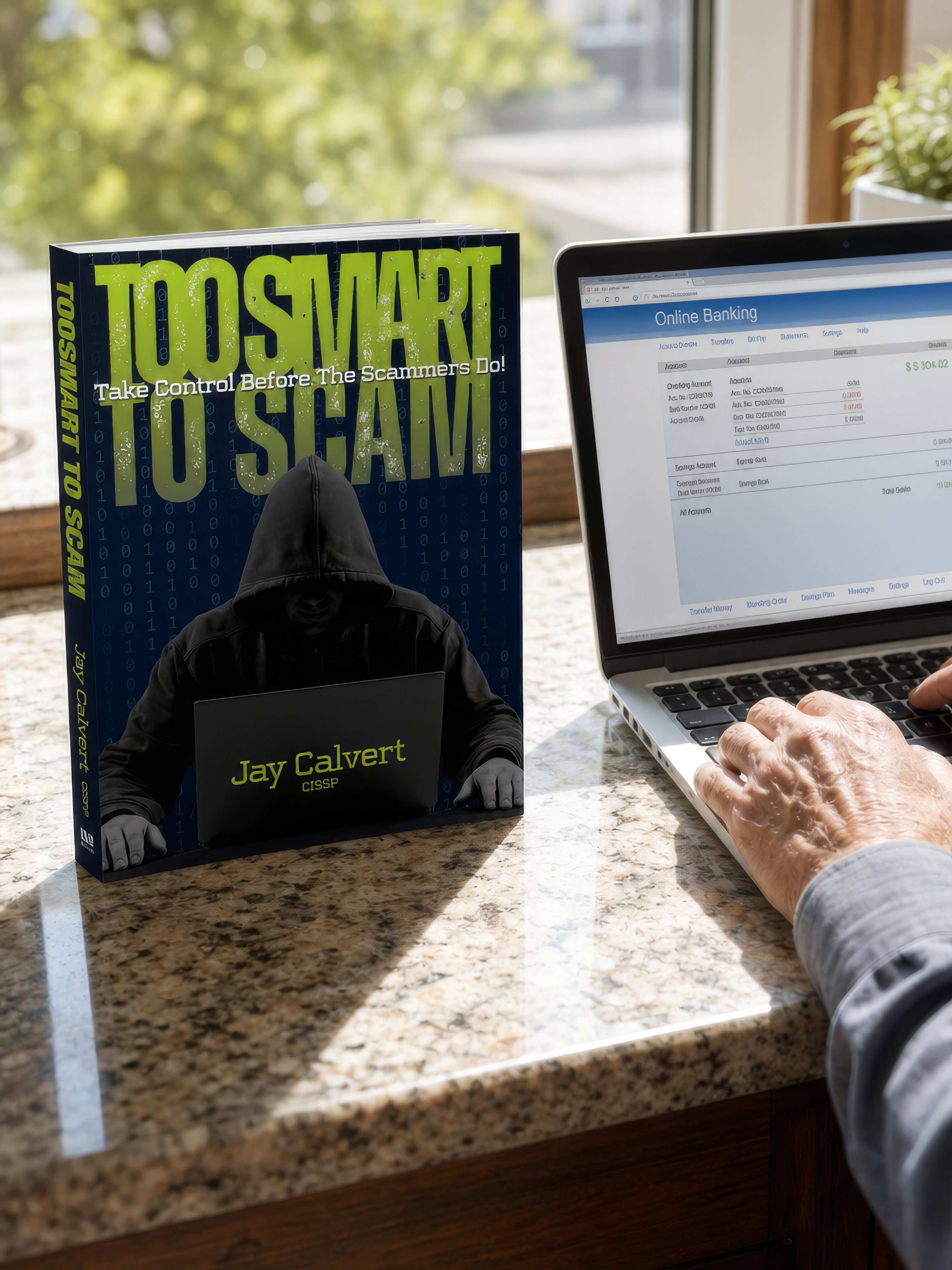 Too Smart to Scam book by Jay Calvert CISSP, displayed beside a laptop showing an online banking screen